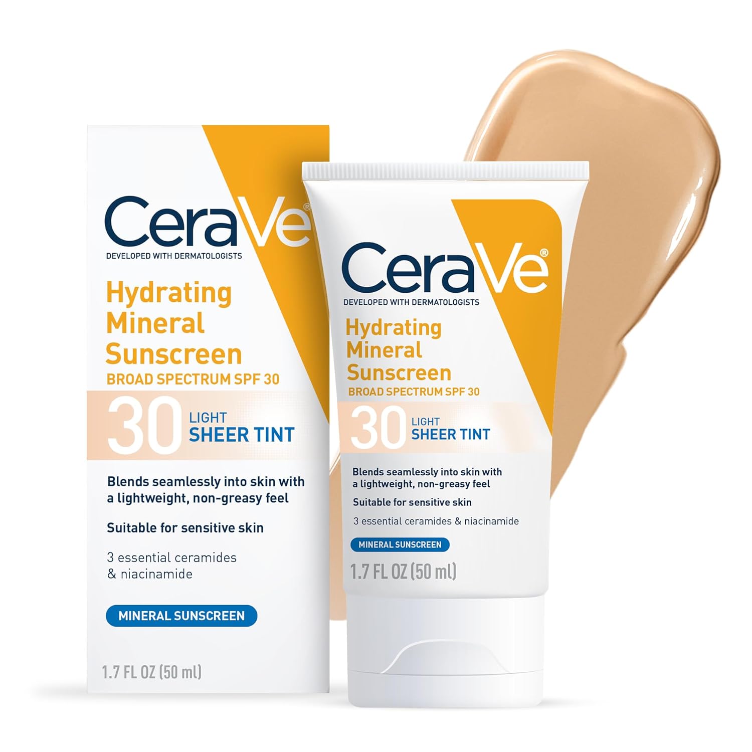 CeraVe Hydrating Mineral Sunscreen SPF 30 with Sheer Tint, Tinted Mineral Sunscreen with Zinc Oxide & Titanium Dioxide, Blends Seamlessly For Healthy Glow, 1.7 Fluid Ounce 24hrsmart